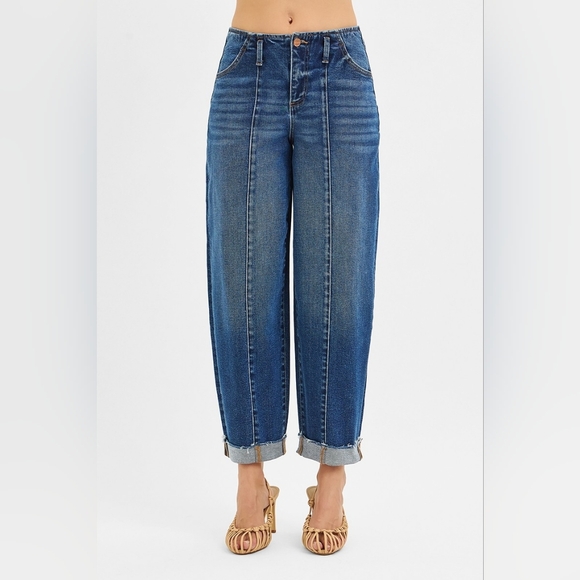 Risen HR Dark Wash Barrel Jeans Front Pintuck Seam Cuffed Raw Hem Various NEW - Picture 2 of 6